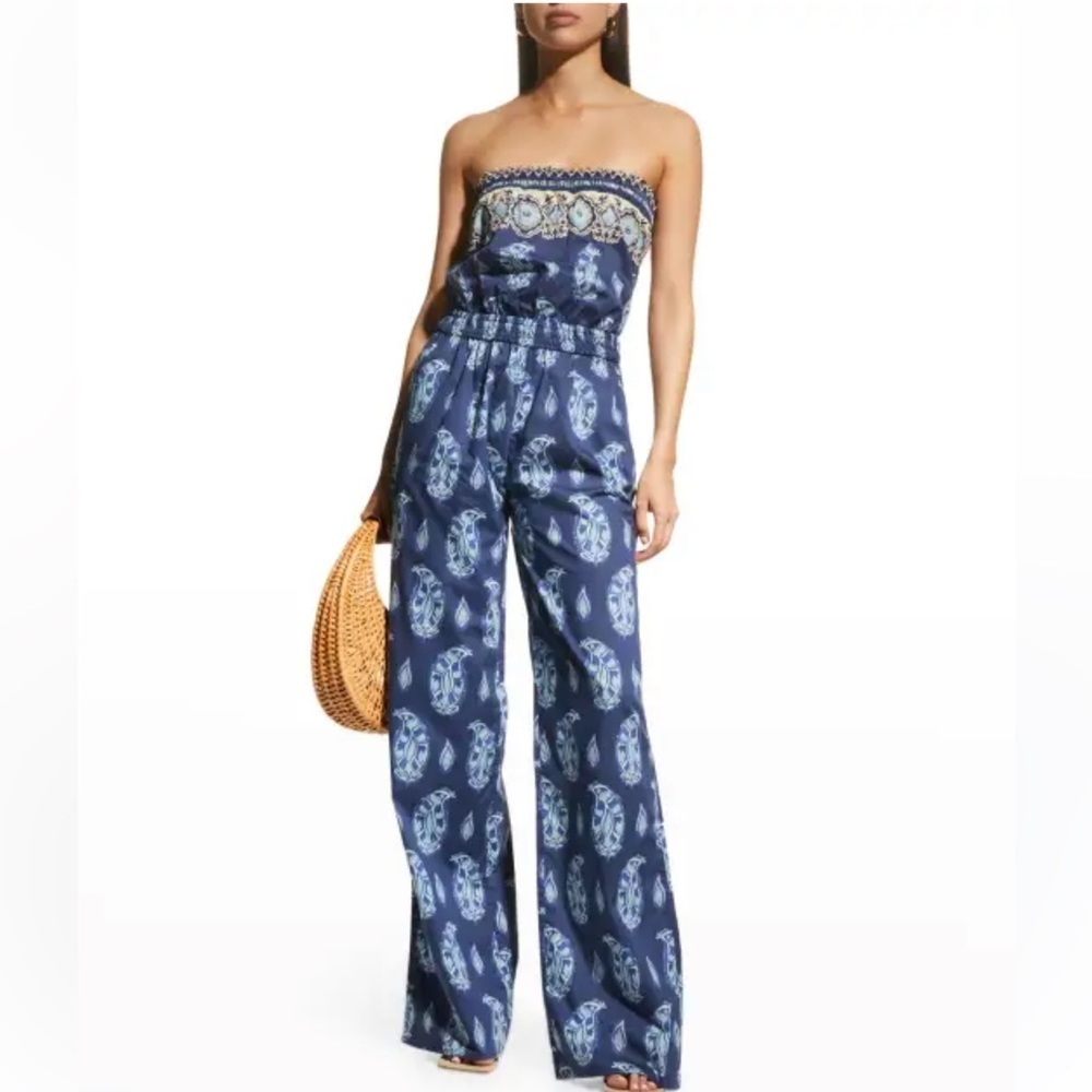 Johanna Ortiz Barú Dolce Far Niente Strapless Wide Leg Paisley Cotton Jumpsuit